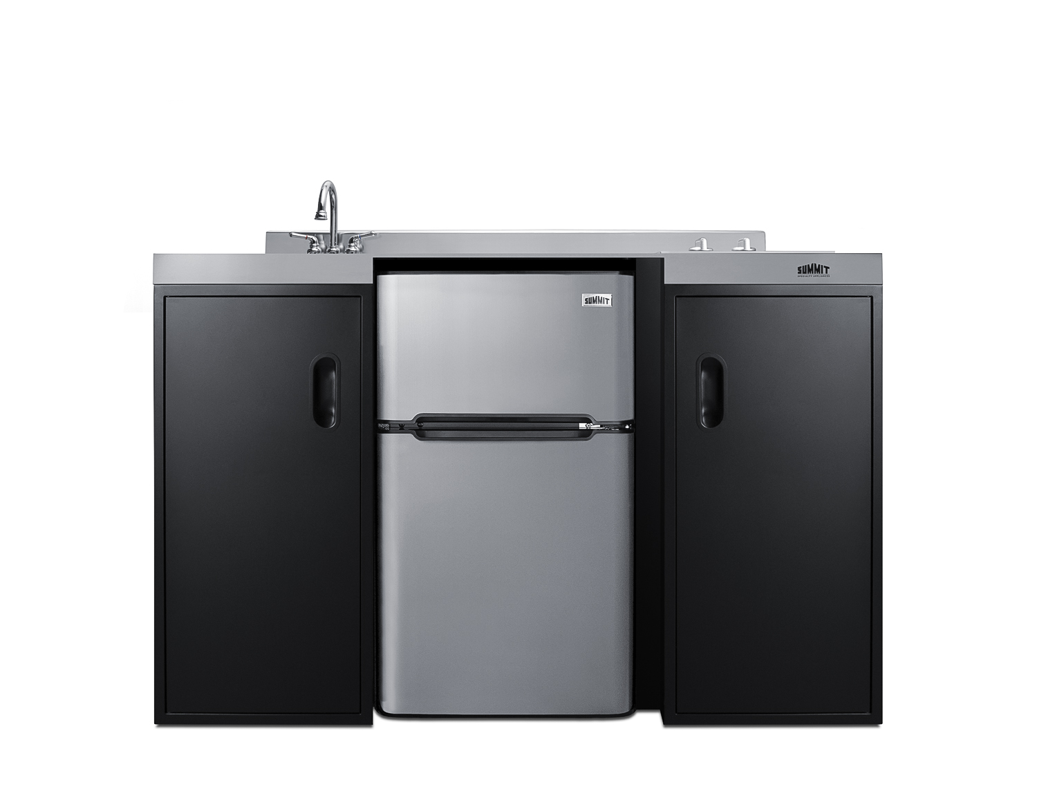 54 inch wide ADA counter height all-in-one kitchenette in black with a removable 2-burner 115V smooth top cooktop, 2-door refrigerator-freezer, sink, and two storage cabinets